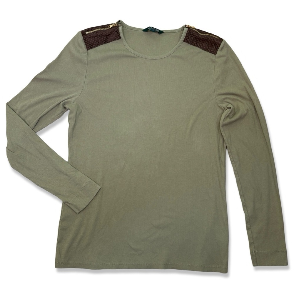 ⭐️LAUREN RALPH LAUREN Knit Shirt Ribbed Brown Faux Suede Zipper Shoulder Patch